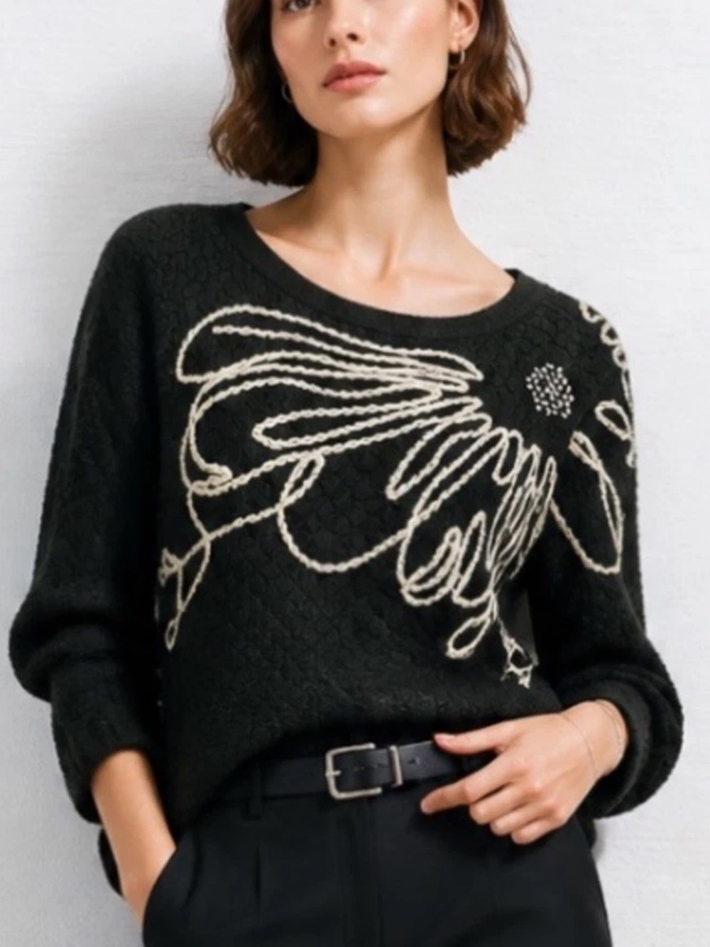 Anthropologie x Field Flower Bloom Ivory Black Sweater. M